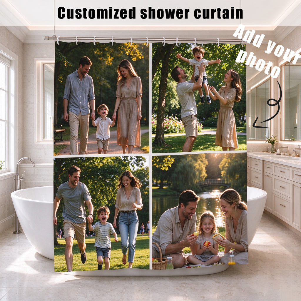 Custom Photo Shower Curtain, Personalized Waterproof Shower Curtain with 12 Hooks, Multiple Sizes, Family Picture Bathroom Decor