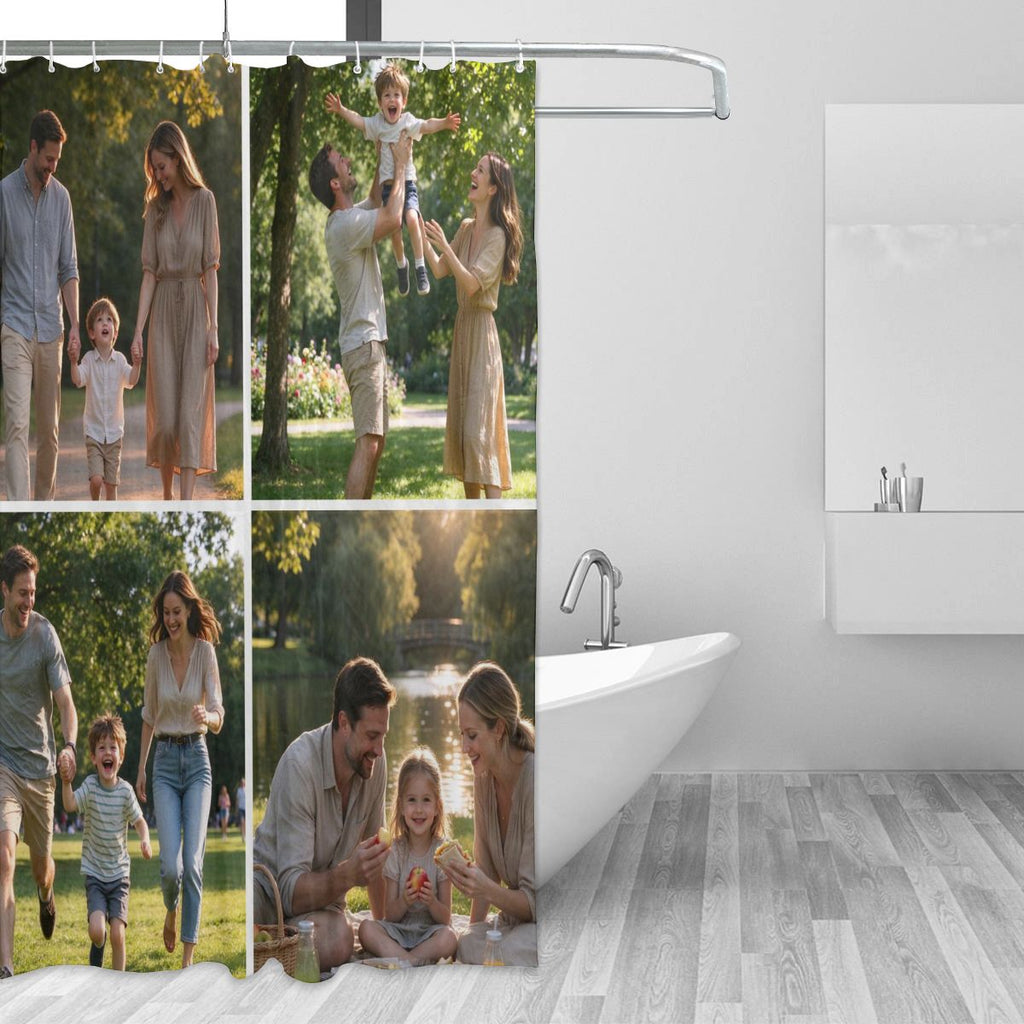 Custom Photo Shower Curtain, Personalized Waterproof Shower Curtain with 12 Hooks, Multiple Sizes, Family Picture Bathroom Decor